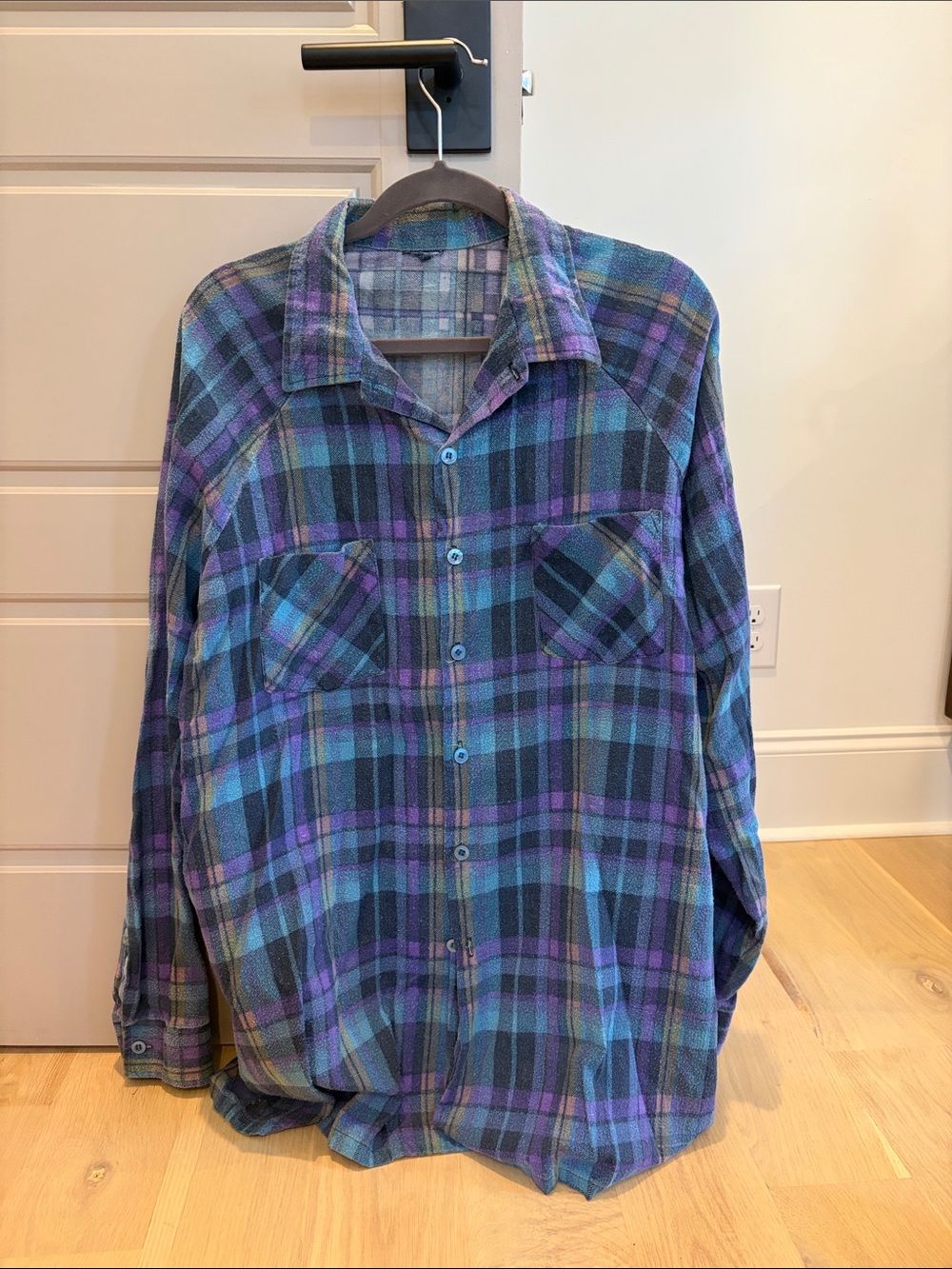 Blue & Purple Plaid Flannel Button-Up Shirt Dress
